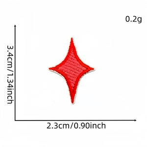 Red embroidered star patch with white borders and dimensions 3.4cm by 2.3cm