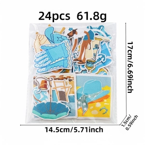 24-piece set of beach themed embroidered iron-on patches featuring summer coastal designs