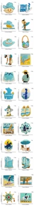 Detail view of 24 western and coastal themed embroidery patches with size measurements