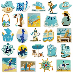 Coastal Cowgirl Embroidered Patches Blue Decorative Iron On Applique For Clothing Bags Jackets Summer Beach DIY Accessories
