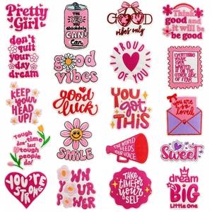 Pink Cute English Embroidery Patches Cartoon Inspirational Phrases Decorative Iron On Appliques For Clothes Backpack DIY