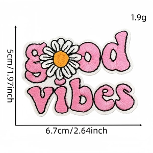 Pink Good Vibes daisy embroidered patch for clothing DIY decoration with white border