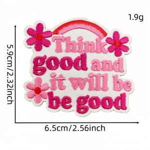 Pink floral embroidery patch with rainbow and motivational slogan for garment decoration