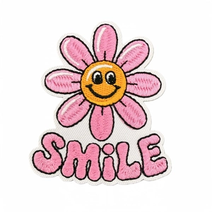 Pink flower patch with happy smiley face and Smile embroidery for clothes decoration