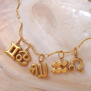 Collana in acciaio inossidabile placcato oro con ciondoli zodiacali su sfondo in madreperla