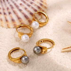 18k gold plated stainless steel pearl huggie hoop earrings in white and grey
