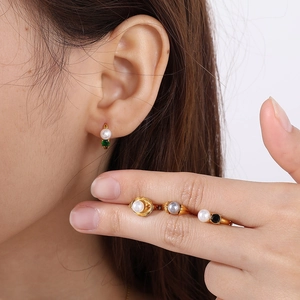 18k gold plated stainless steel hoop earrings with pearls and emerald cubic zirconia