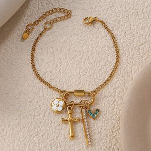 Bracelet doré en acier inoxydable avec pendentifs croix, cœur, fleur et fermoir mousqueton