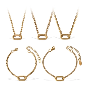 5-piece gold stainless steel jewelry set featuring unique chain designs and oval clasps