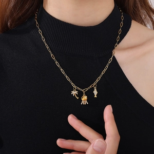 Gold palm tree, jellyfish and fish pendant necklace with rhinestones on paperclip chain