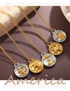 Detailed view of 18K gold zodiac constellation pendants and stainless steel chains