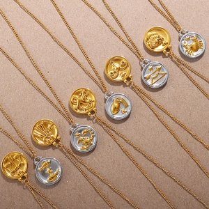 18K Gold Plated Stainless Steel 12 Constellations Round Coin Pendant Necklace Double Sided Star Map Zodiac Jewelry For Women