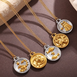 18K gold plated stainless steel zodiac coin necklaces featuring 3D embossed pendants