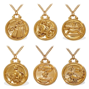 18K gold plated stainless steel zodiac necklaces with 3D embossed coin pendants