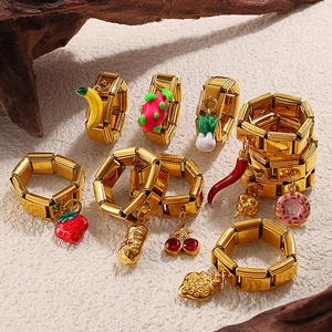 Fashion Stainless Steel Gold Plated Adjustable Italian Charm Ring For Women With Enamel Fruit Vegetable Food Donut Pendant Jewelry