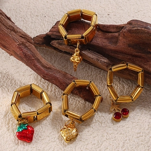 Italian style 18K gold plated stainless steel modular rings with strawberry and heart charms