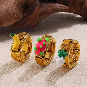Three-piece 18K gold plated chain rings with colorful enamel fruit and vegetable charms