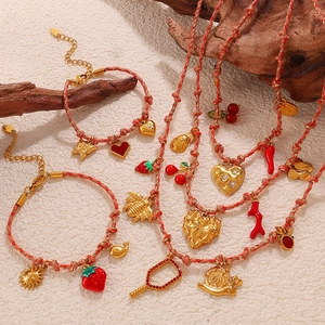 Joyas de Cuerda Trenzada de Acero Inoxidable Bohemio Collar y Pulsera Aleación Esmalte Fresa Cereza Dije Mujer Accesorios de Joyería
