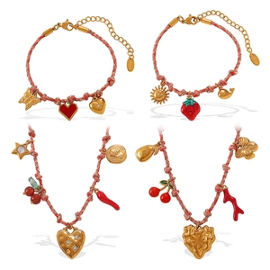 Pulseras tejidas a mano con dijes de frutas en acero inoxidable chapado en oro 18K