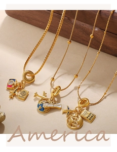 Detailed view of gold travel-themed necklaces with airplane, globe and passport pendants