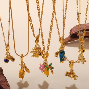 Travel Theme Stainless Steel Pendant Necklace For Women Gold Plated Airplane Suitcase Eiffel Tower Enamel Zirconia Jewelry Gift