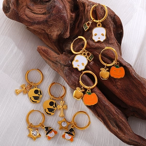 Σκουλαρίκια Halloween από ανοξείδωτο ατσάλι 18K με σχέδια κολοκύθας και νεκροκεφαλής