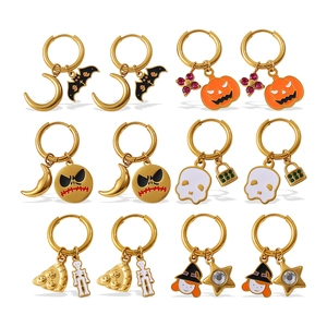 Σετ 6 ζευγάρια χρυσά σκουλαρίκια κρίκοι Halloween με μενταγιόν κολοκύθας και νυχτερίδας