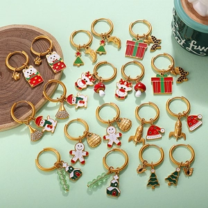 Christmas Stainless Steel Earrings Gold Plated Rhinestone Enamel Pendant Earrings For Women Xmas Tree Santa Reindeer Jewelry