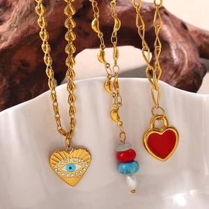 18K gold-plated heart evil eye necklace with colorful beads and red glaze charms