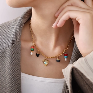Boho 18K gold plated heart necklace with evil eye charm and colorful natural stone beads