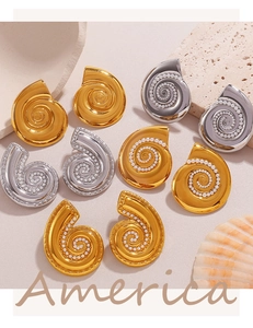 Detailed view of vintage conch shell pearl earrings with 18K gold and silver plating