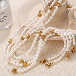 Collana Bracciale in Perle d'Acqua Dolce Stile Barocco Francese Acciaio Inossidabile Placcato Oro 18K Rosa Gioielli