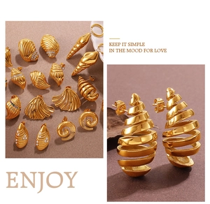 Detailed close-up of 18K gold plated conch and seashell earrings with pearls and zircons