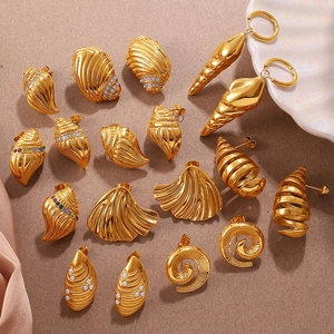 Ocean Theme Stainless Steel Gold Plated Shell Conch Hoop Earrings With Rhinestone Artificial Pearl For Women Beach Resort Jewelry