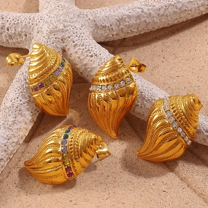 18K gold-plated stainless steel conch shell earrings with colorful sparkling zircons
