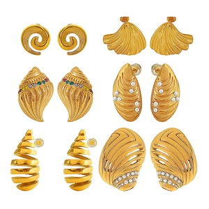 6-pair 18K gold-plated shell and conch earrings set with pearls and rhinestones