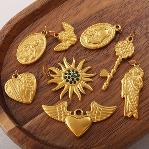 Vintage 18K gold plated stainless steel heart and key charms with green rhinestones