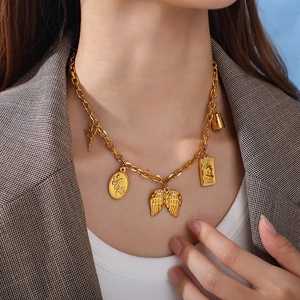 Retro 18K gold plated stainless steel chunky chain necklace with vintage charms for women