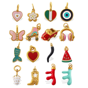 Collection of 16 colorful enamel DIY pendants in 18K gold-plated stainless steel motifs
