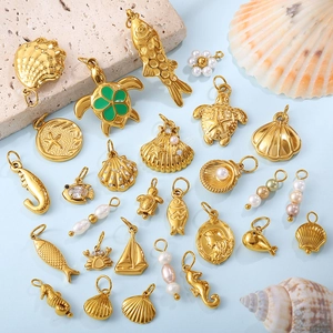 Ocean Theme Stainless Steel Pendant DIY Shell Turtle Fish Sea Horse Charms With Freshwater Pearl Zirconia For Jewelry Making