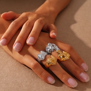 Minimalist irregular lava texture stainless steel rings in gold and silver finish