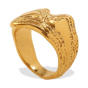 French vintage style irregular hammered 18K gold-plated stainless steel ring for women