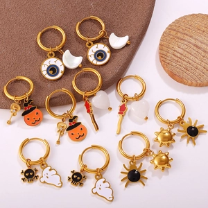 Roestvrijstalen Halloween Hanger Oorbellen Voor Vrouwen Mode Emaille Geest Pompoen Schedel Spin Maan Sieraden Accessoire