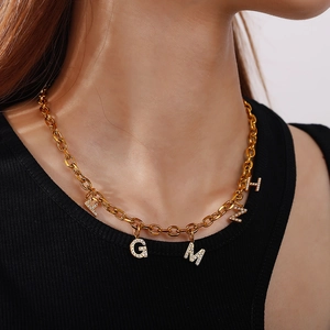 Fashionable 18K gold plated stainless steel curb chain with iced out letter pendants