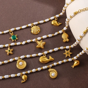 18K gold plated dolphin bracelet with freshwater pearls and sea turtle charms