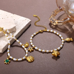 18K gold plated dolphin and starfish charm necklace and bracelet set with pearls