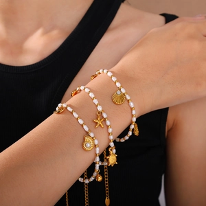 Three-layer freshwater pearl bracelet with 18K gold plated ocean theme charms for women