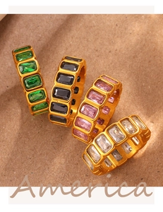 Detail of four-piece gold ring set with emerald, black, pink, and white rectangle stones