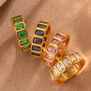 Gold plated multi-color emerald cut gemstone ring set with four elegant stacked rings