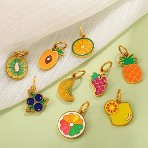 Colorful enamel fruit pendants including kiwi and lemon with gold-plated metal alloy finish